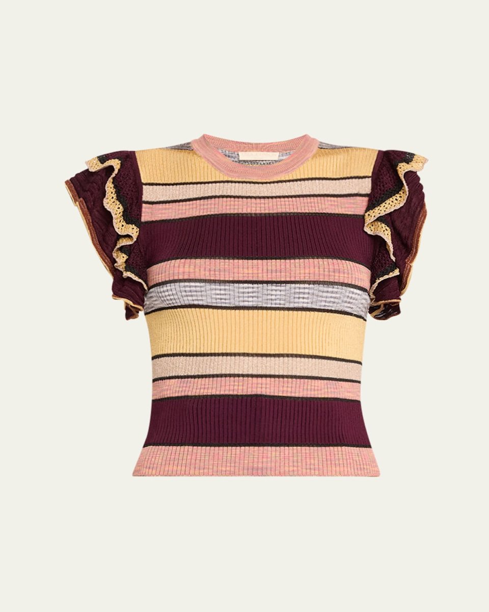Cecile Striped Ruffle Rib Knit Top